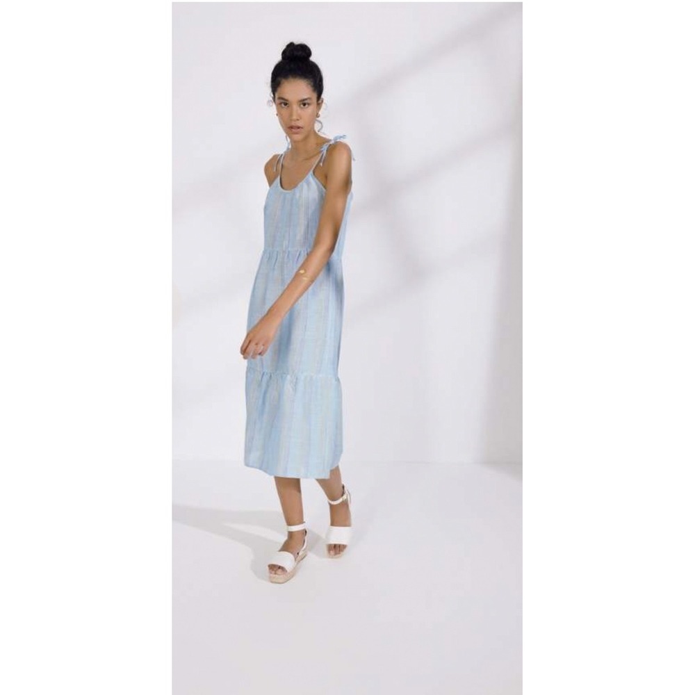 ELSE Patmos Slip Dress Blue Multi Striped Linen Cotton Tiered Midi Dress Women M